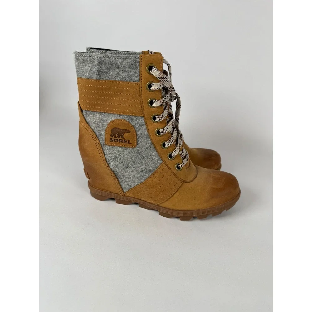Sorel Lexie Wedge Boots Tan‎ Grey Leather Felt Lace Up NL3376-224 Womens 9